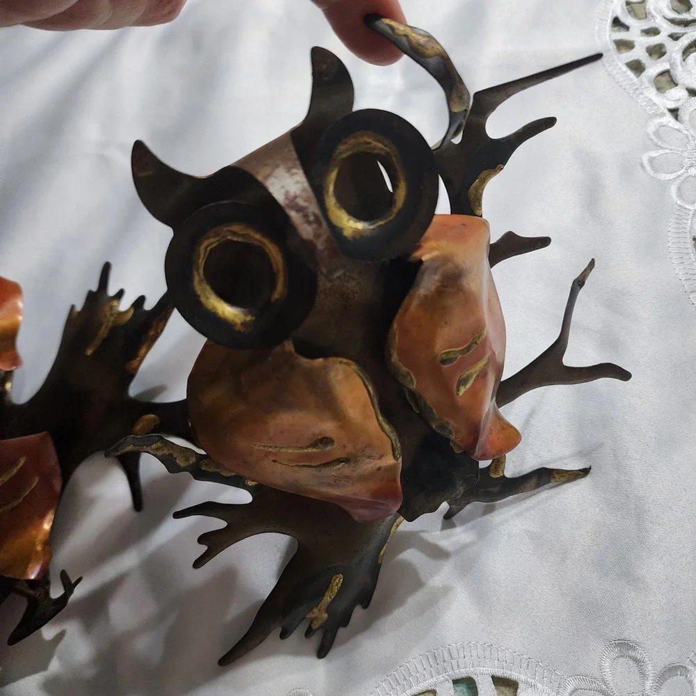 Vintage Brutalist Metal Owl Wall Art Set Mid Century Modern Copper Brass Tones